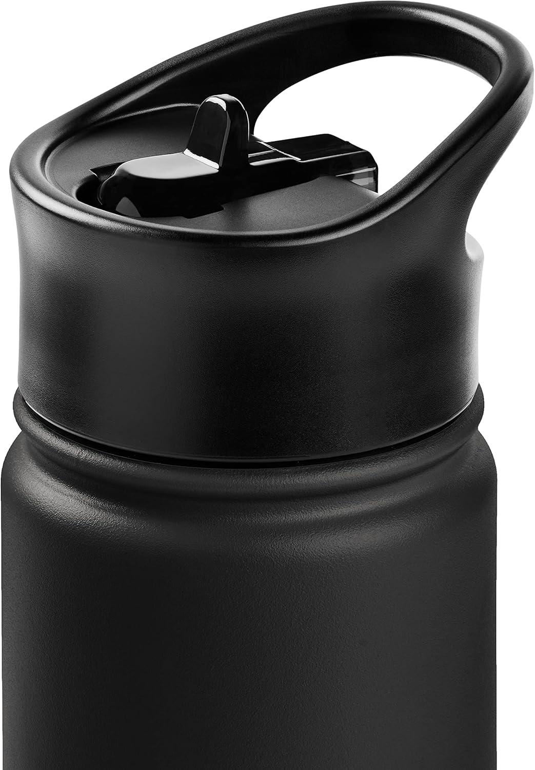 Retrospec Alder Insulated Water Bottle with Straw Lid & Handle Cap – Stainless Steel Wide Mouth Double-Wall Vacuum Insulated Thermos – BPA Free Leakproof Canteen(Black)