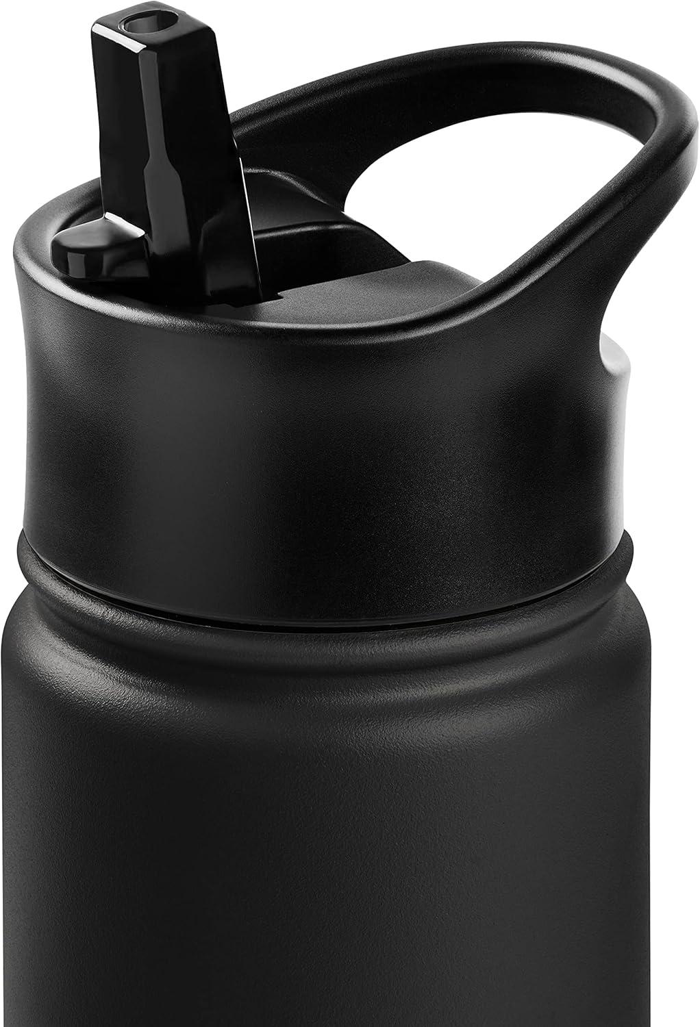 Retrospec Alder Insulated Water Bottle with Straw Lid & Handle Cap – Stainless Steel Wide Mouth Double-Wall Vacuum Insulated Thermos – BPA Free Leakproof Canteen(Black)