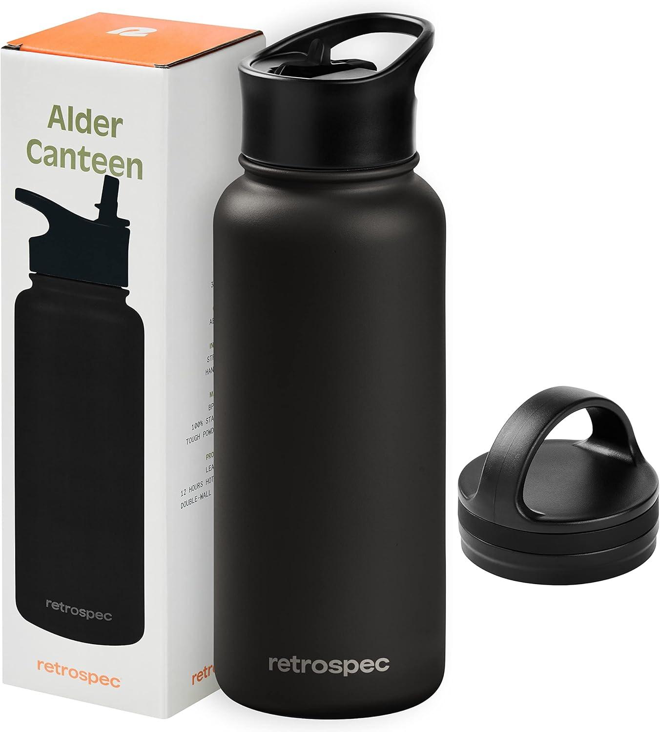 Retrospec Alder Insulated Water Bottle with Straw Lid & Handle Cap – Stainless Steel Wide Mouth Double-Wall Vacuum Insulated Thermos – BPA Free Leakproof Canteen(Black)