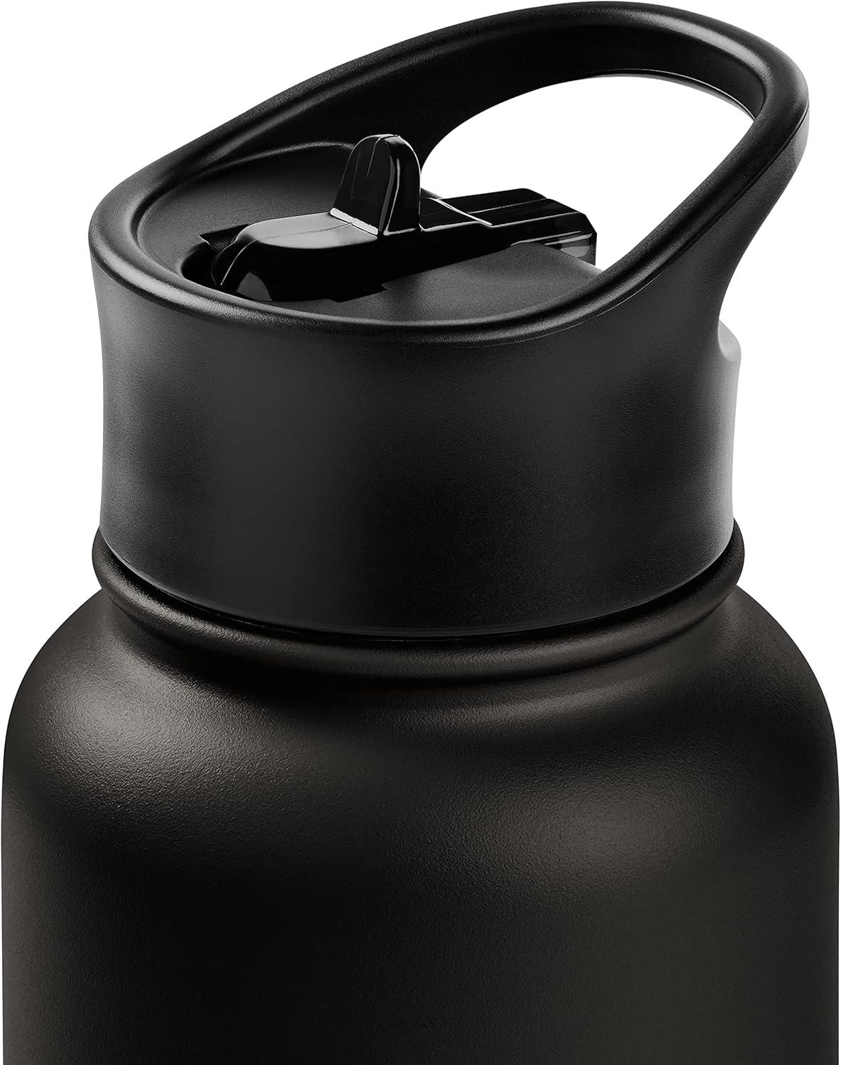 Retrospec Alder Insulated Water Bottle with Straw Lid & Handle Cap – Stainless Steel Wide Mouth Double-Wall Vacuum Insulated Thermos – BPA Free Leakproof Canteen(Black)