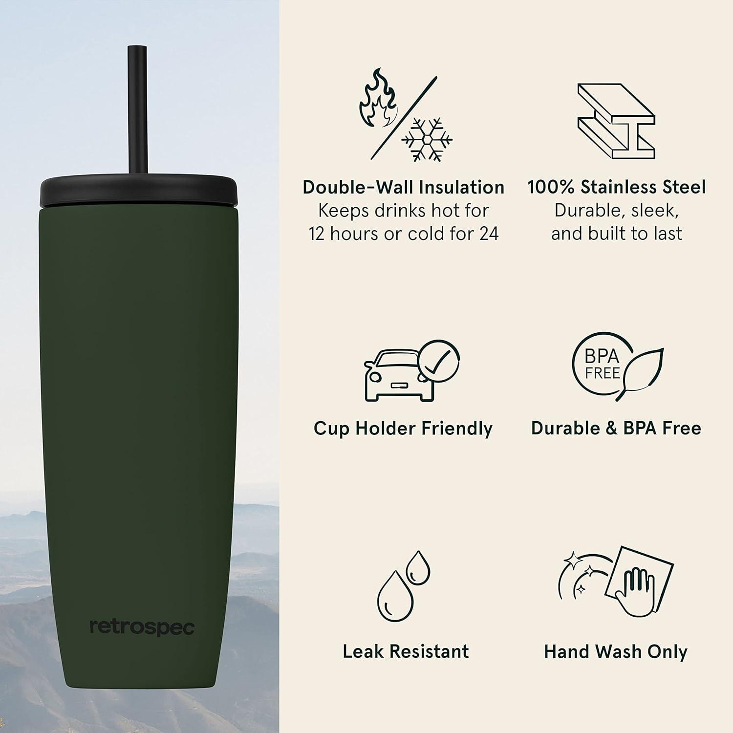 Retrospec Arroyo Stainless Steel Tumbler with Lid and Straw – Reusable Insulated Tumbler Cup – Iced Coffee Travel Mug – Double Walled Thermal Tumblers(Matte Olive Drab)