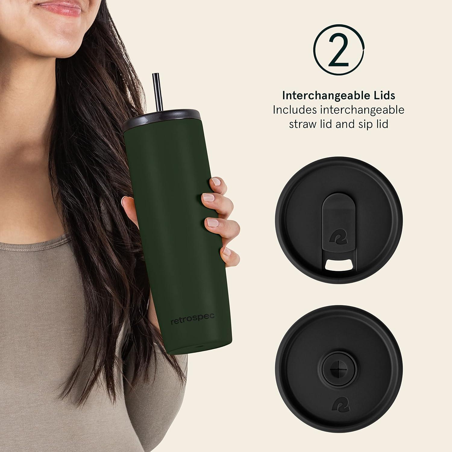 Retrospec Arroyo Stainless Steel Tumbler with Lid and Straw – Reusable Insulated Tumbler Cup – Iced Coffee Travel Mug – Double Walled Thermal Tumblers(Matte Olive Drab)
