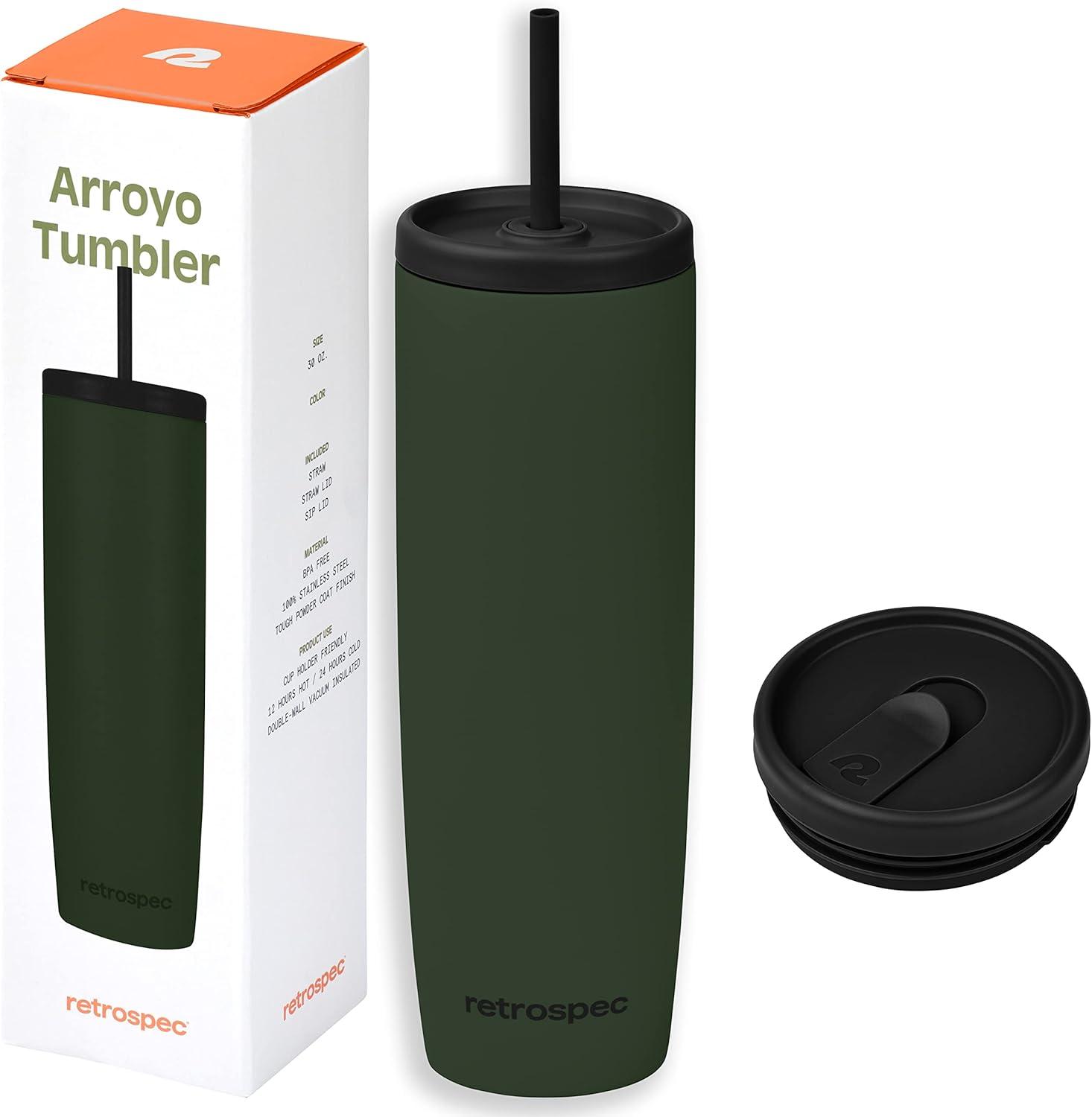 Retrospec Arroyo Stainless Steel Tumbler with Lid and Straw – Reusable Insulated Tumbler Cup – Iced Coffee Travel Mug – Double Walled Thermal Tumblers(Matte Olive Drab)