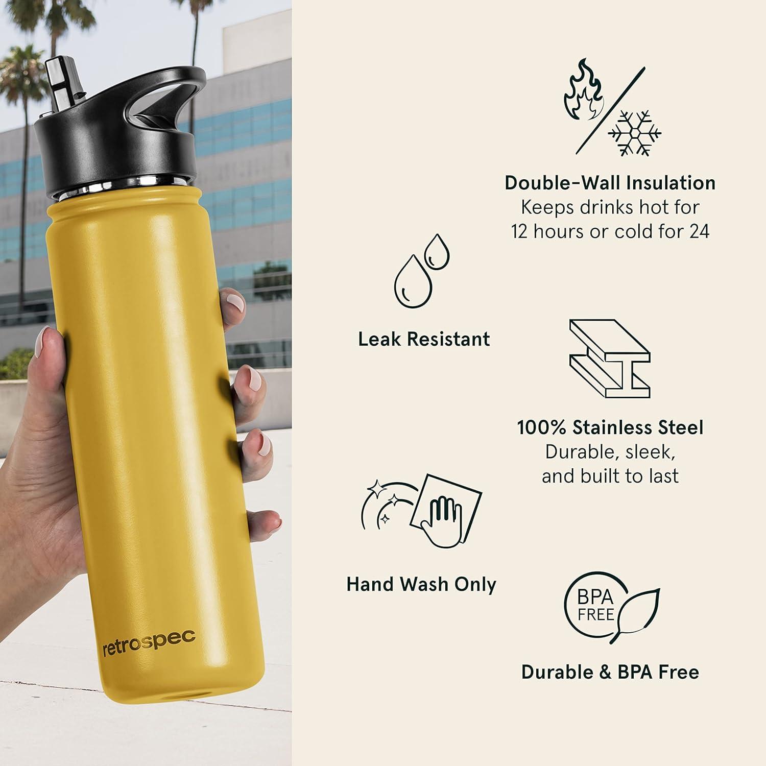Retrospec Alder Insulated Water Bottle with Straw Lid & Handle Cap – Stainless Steel Wide Mouth Double-Wall Vacuum Insulated Thermos – BPA Free Leakproof Canteen(Honey)