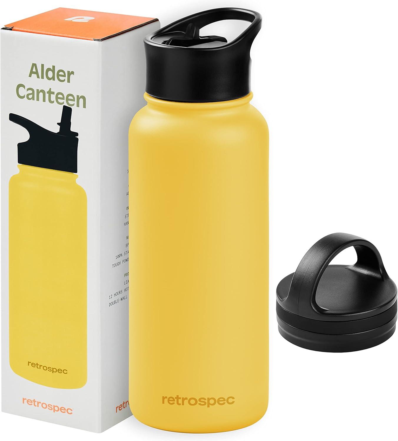 Retrospec Alder Insulated Water Bottle with Straw Lid & Handle Cap – Stainless Steel Wide Mouth Double-Wall Vacuum Insulated Thermos – BPA Free Leakproof Canteen(Honey)