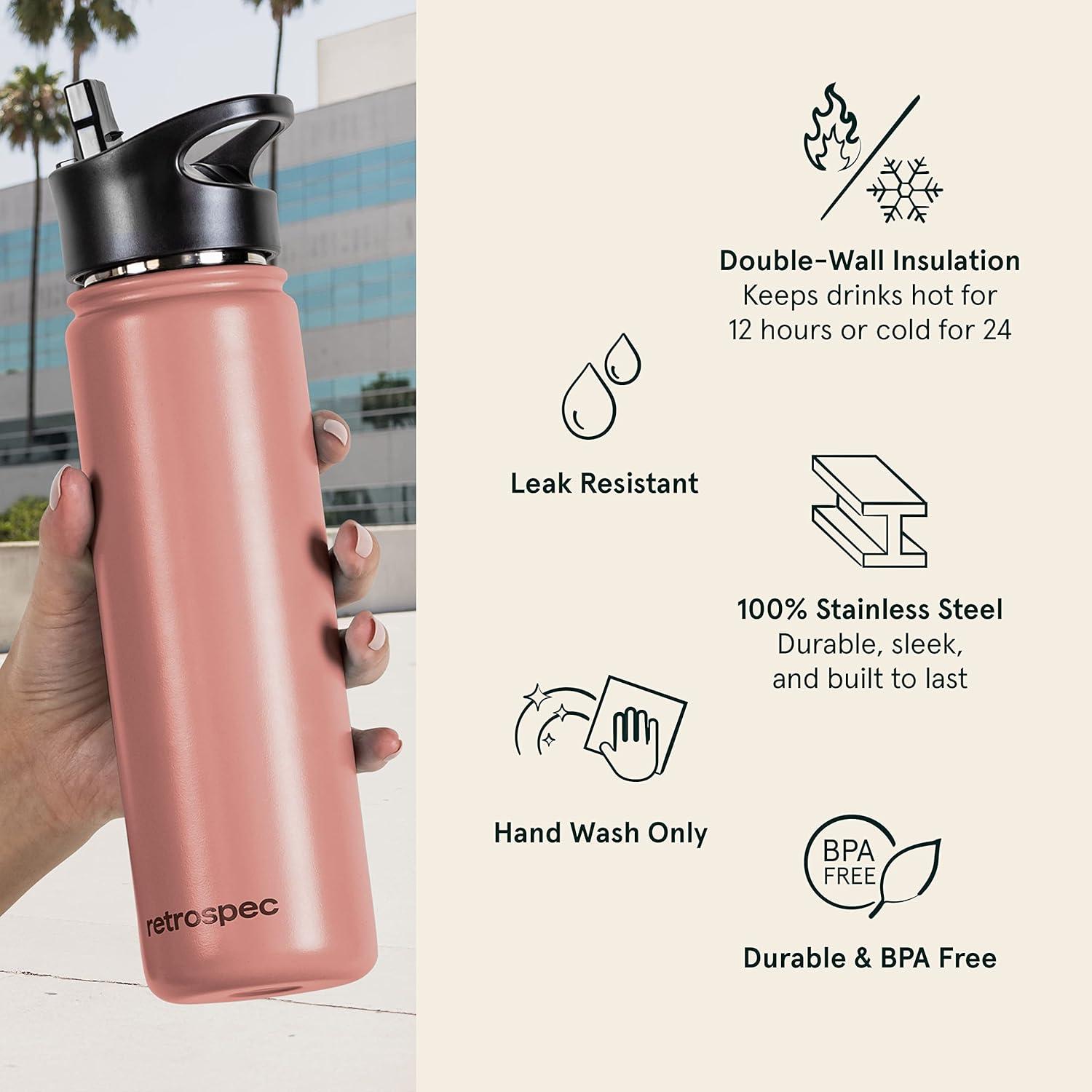 Retrospec Alder Insulated Water Bottle with Straw Lid & Handle Cap – Stainless Steel Wide Mouth Double-Wall Vacuum Insulated Thermos – BPA Free Leakproof Canteen(Melon)
