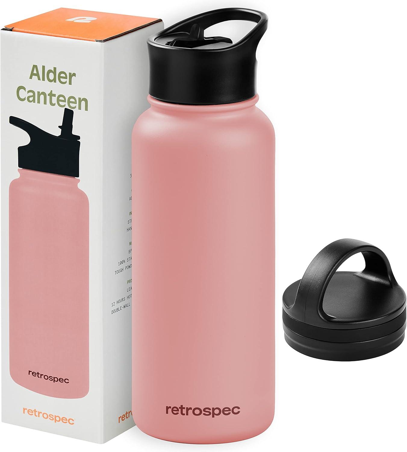 Retrospec Alder Insulated Water Bottle with Straw Lid & Handle Cap – Stainless Steel Wide Mouth Double-Wall Vacuum Insulated Thermos – BPA Free Leakproof Canteen(Melon)
