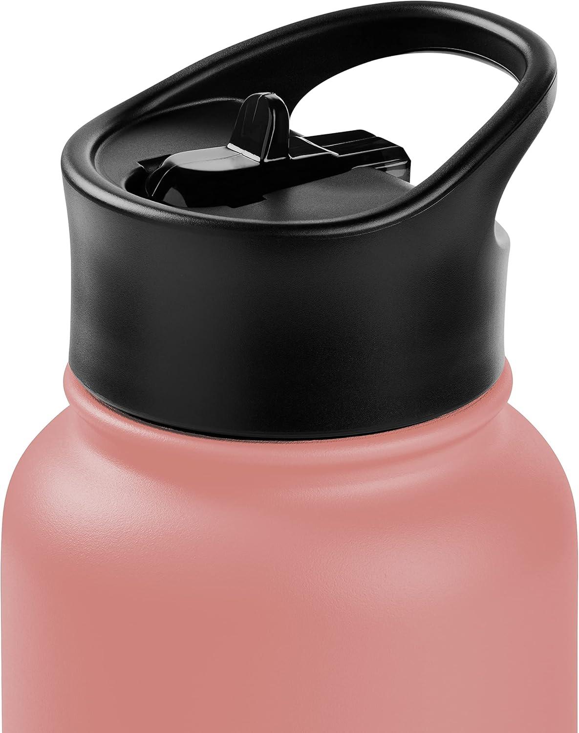 Retrospec Alder Insulated Water Bottle with Straw Lid & Handle Cap – Stainless Steel Wide Mouth Double-Wall Vacuum Insulated Thermos – BPA Free Leakproof Canteen(Melon)