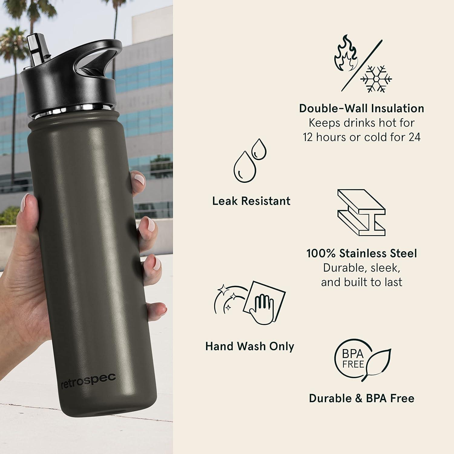 Retrospec Alder Insulated Water Bottle with Straw Lid & Handle Cap – Stainless Steel Wide Mouth Double-Wall Vacuum Insulated Thermos – BPA Free Leakproof Canteen(Basalt)