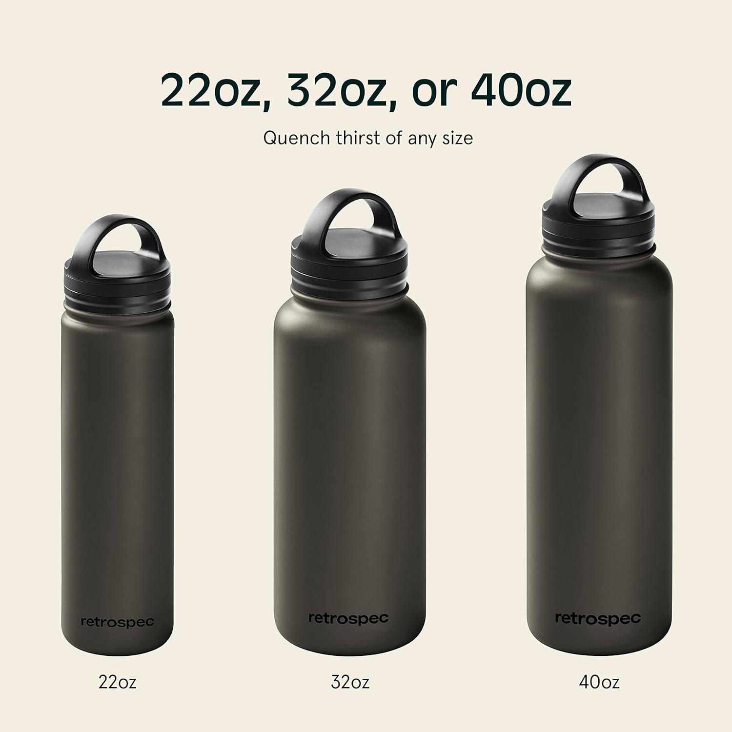 Retrospec Alder Insulated Water Bottle with Straw Lid & Handle Cap – Stainless Steel Wide Mouth Double-Wall Vacuum Insulated Thermos – BPA Free Leakproof Canteen(Basalt)