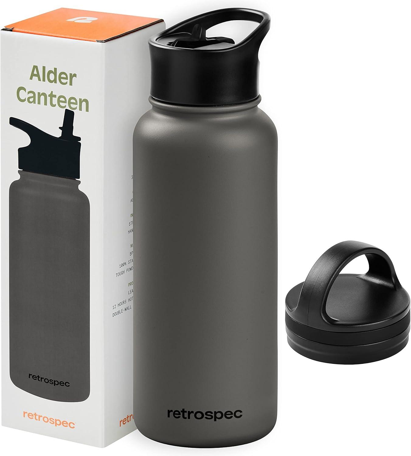 Retrospec Alder Insulated Water Bottle with Straw Lid & Handle Cap – Stainless Steel Wide Mouth Double-Wall Vacuum Insulated Thermos – BPA Free Leakproof Canteen(Basalt)