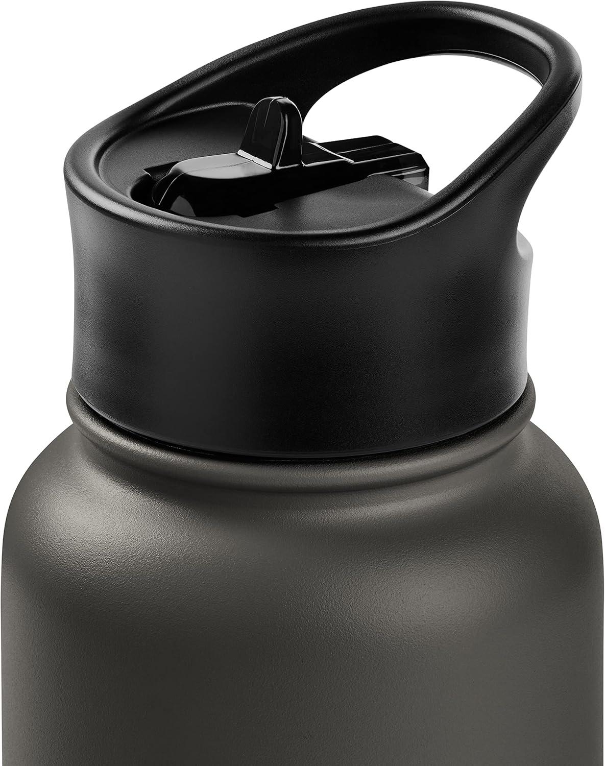 Retrospec Alder Insulated Water Bottle with Straw Lid & Handle Cap – Stainless Steel Wide Mouth Double-Wall Vacuum Insulated Thermos – BPA Free Leakproof Canteen(Basalt)