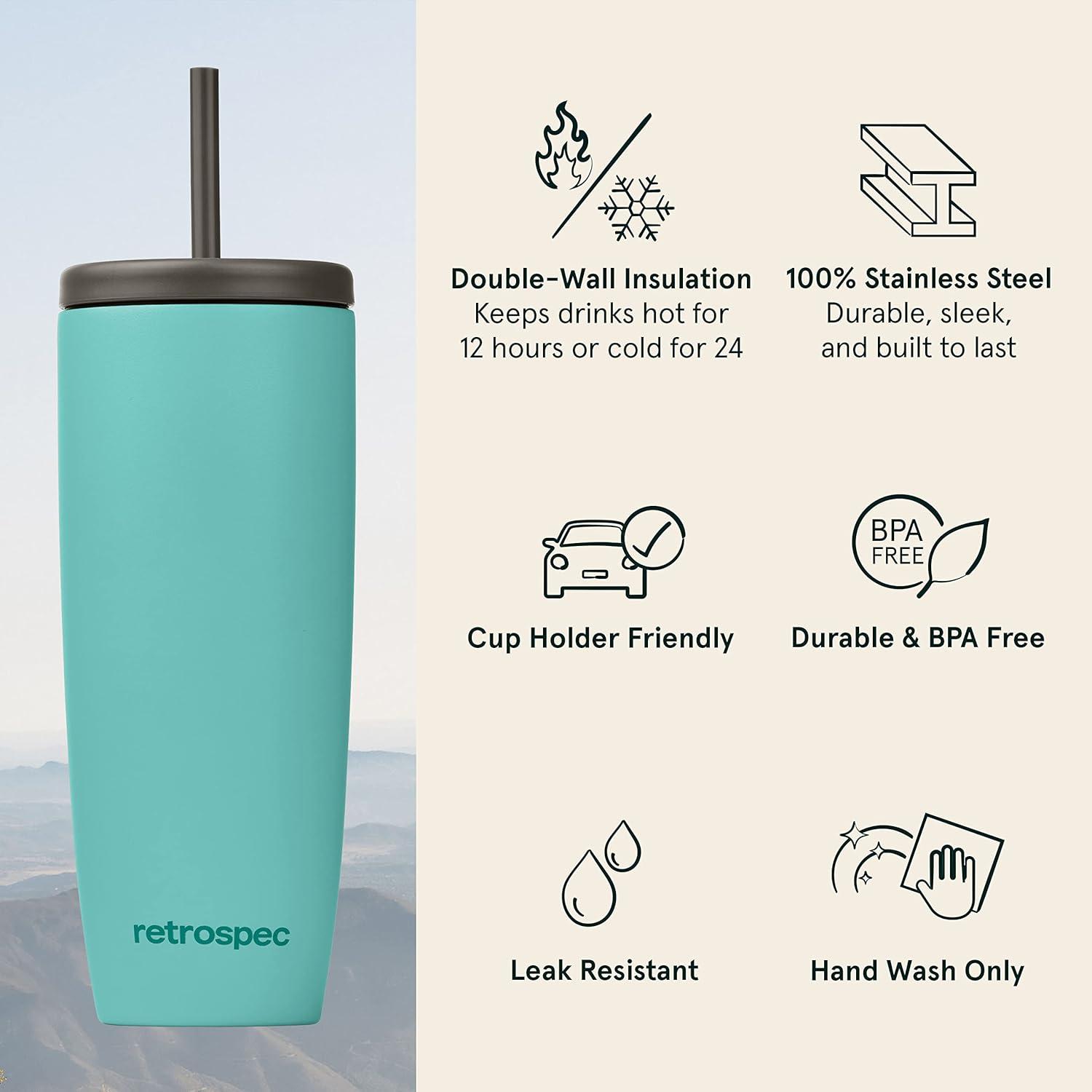 Retrospec Arroyo Stainless Steel Tumbler with Lid and Straw – Reusable Insulated Tumbler Cup – Iced Coffee Travel Mug – Double Walled Thermal Tumblers(Matte Blue Ridge)