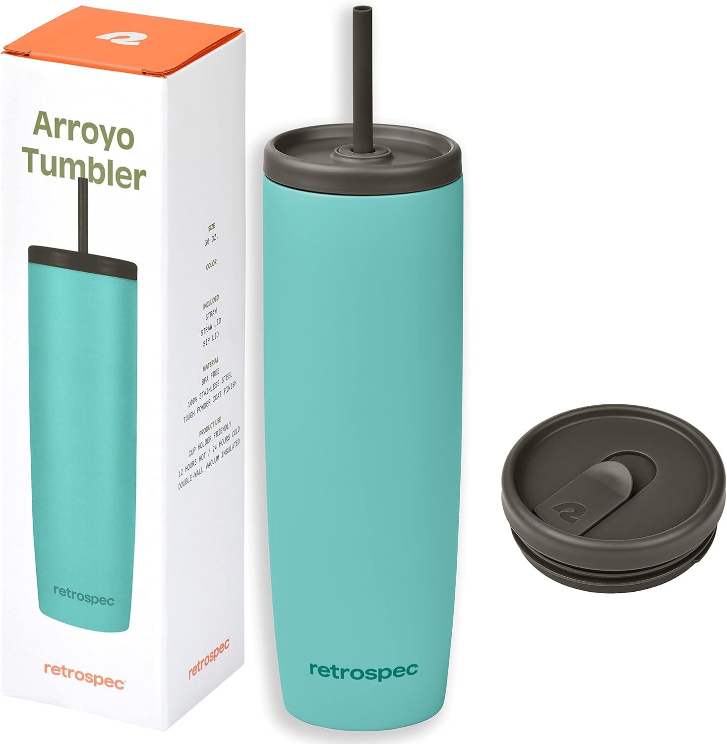 Retrospec Arroyo Stainless Steel Tumbler with Lid and Straw – Reusable Insulated Tumbler Cup – Iced Coffee Travel Mug – Double Walled Thermal Tumblers(Matte Blue Ridge)