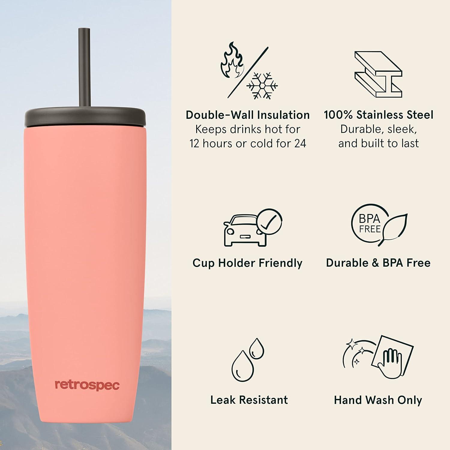 Retrospec Arroyo Stainless Steel Tumbler with Lid and Straw – Reusable Insulated Tumbler Cup – Iced Coffee Travel Mug – Double Walled Thermal Tumblers(Matte Melon)