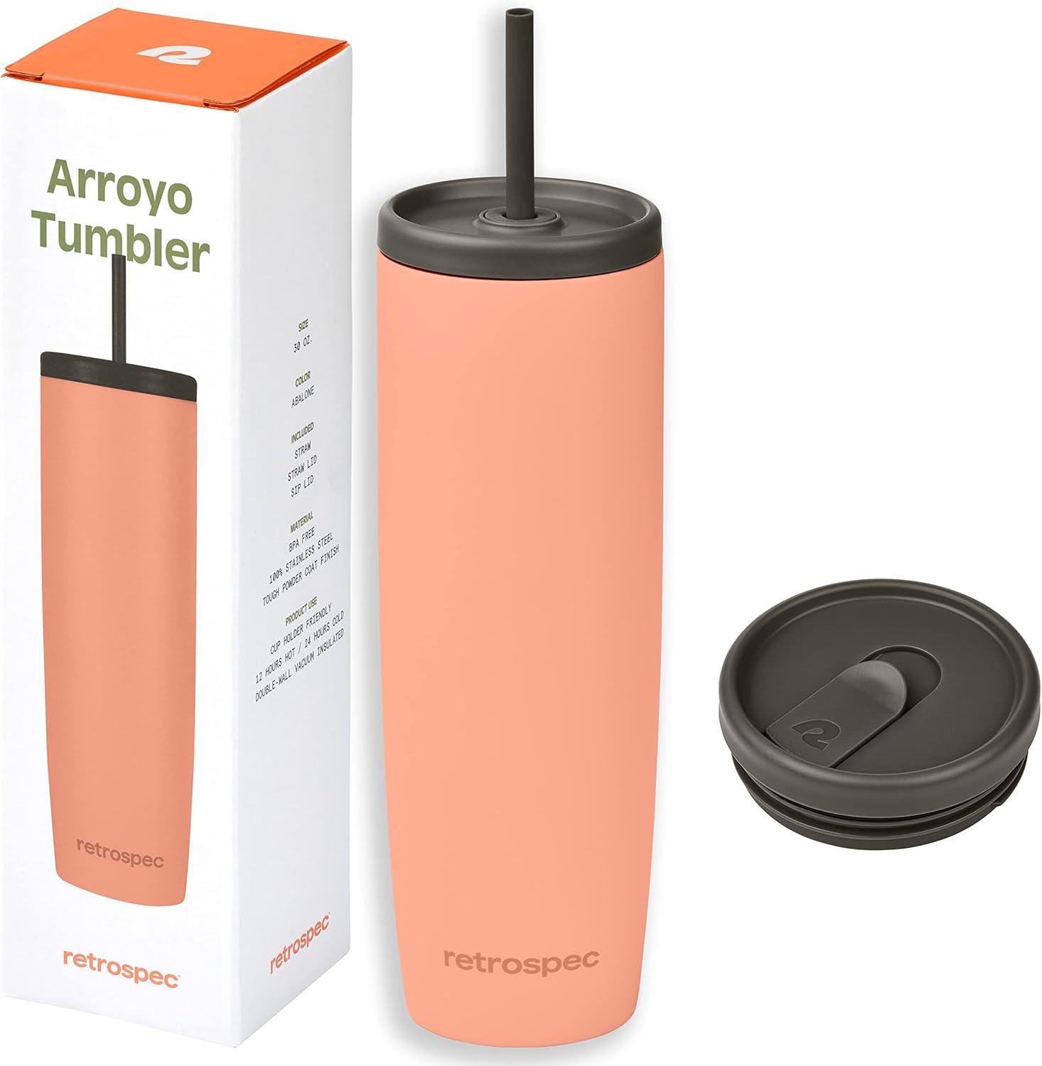 Retrospec Arroyo Stainless Steel Tumbler with Lid and Straw – Reusable Insulated Tumbler Cup – Iced Coffee Travel Mug – Double Walled Thermal Tumblers(Matte Melon)