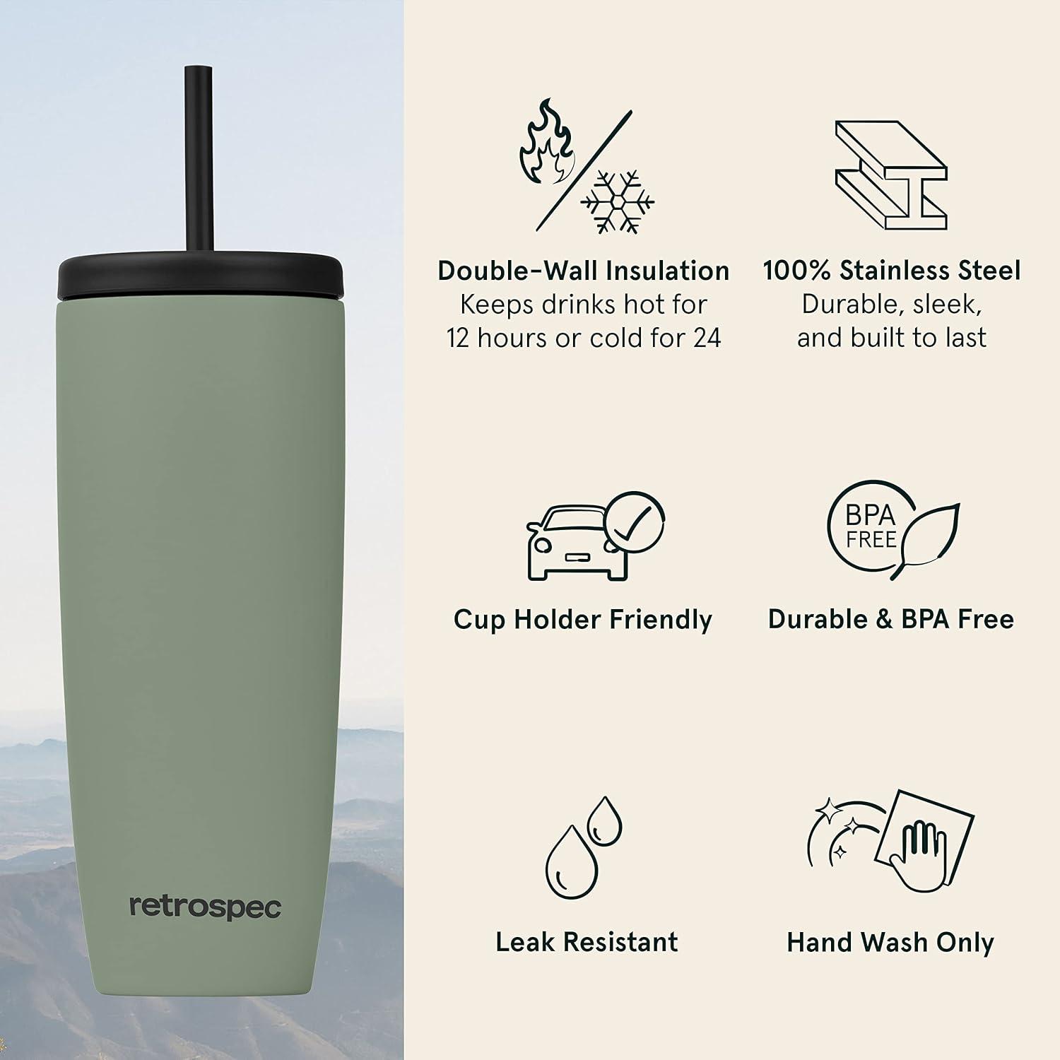 Retrospec Arroyo Stainless Steel Tumbler with Lid and Straw – Reusable Insulated Tumbler Cup – Iced Coffee Travel Mug – Double Walled Thermal Tumblers(Matte Pistachio)