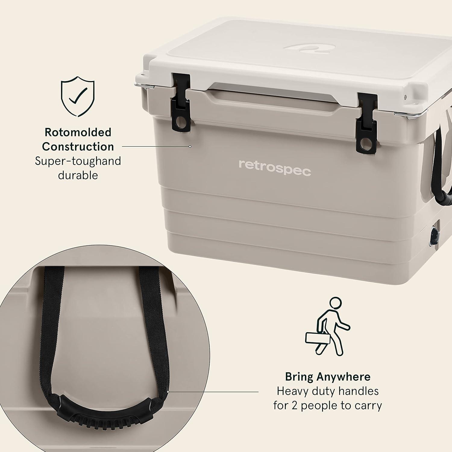 Retrospec Palisade Rotomolded 45 Qt Cooler – Fully Insulated Portable Ice Chest with Built in Bottle Opener, Tie-Down Slots & Dry Goods Basket – Large Beach, Camping & Travel Coolers – Dune