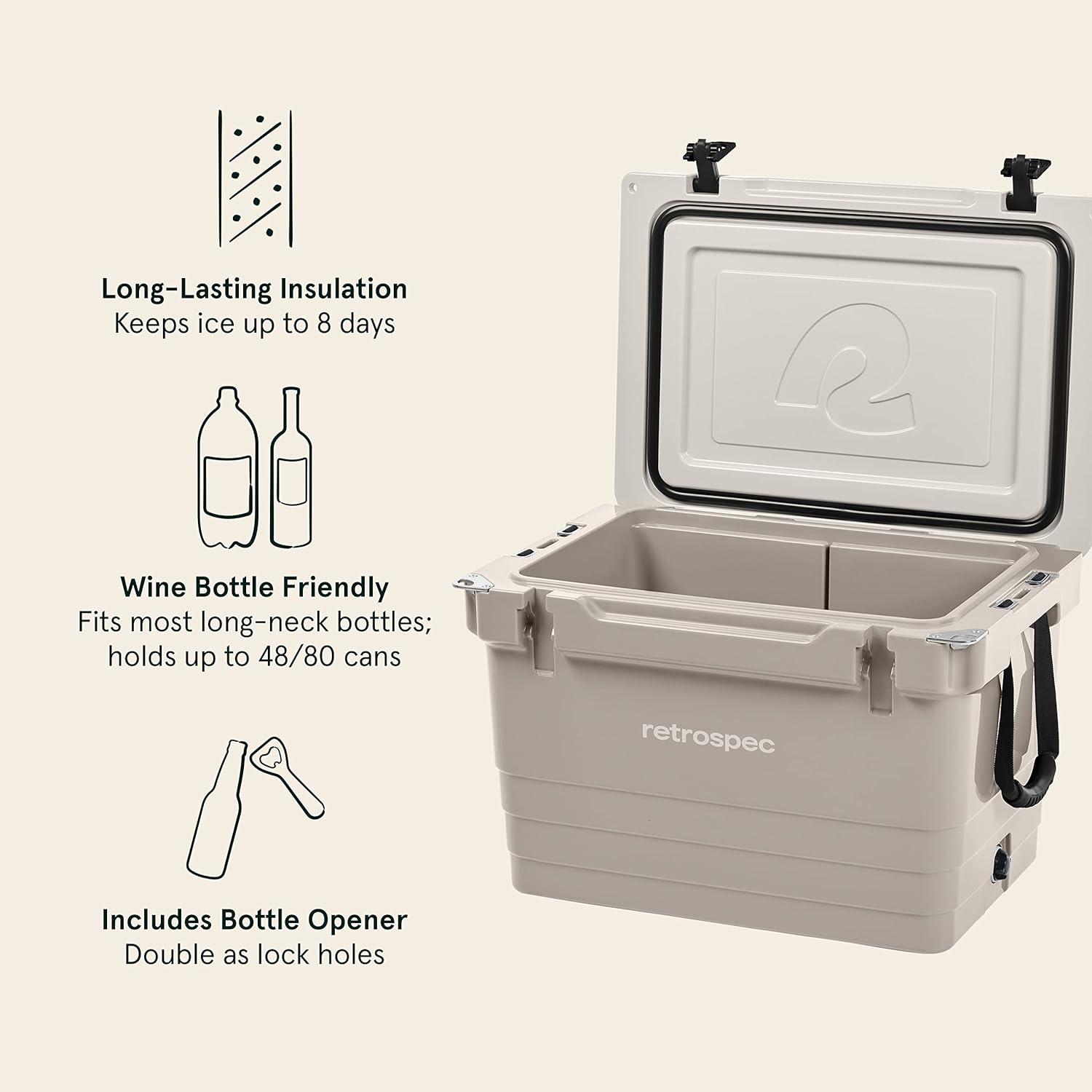 Retrospec Palisade Rotomolded 45 Qt Cooler – Fully Insulated Portable Ice Chest with Built in Bottle Opener, Tie-Down Slots & Dry Goods Basket – Large Beach, Camping & Travel Coolers – Dune