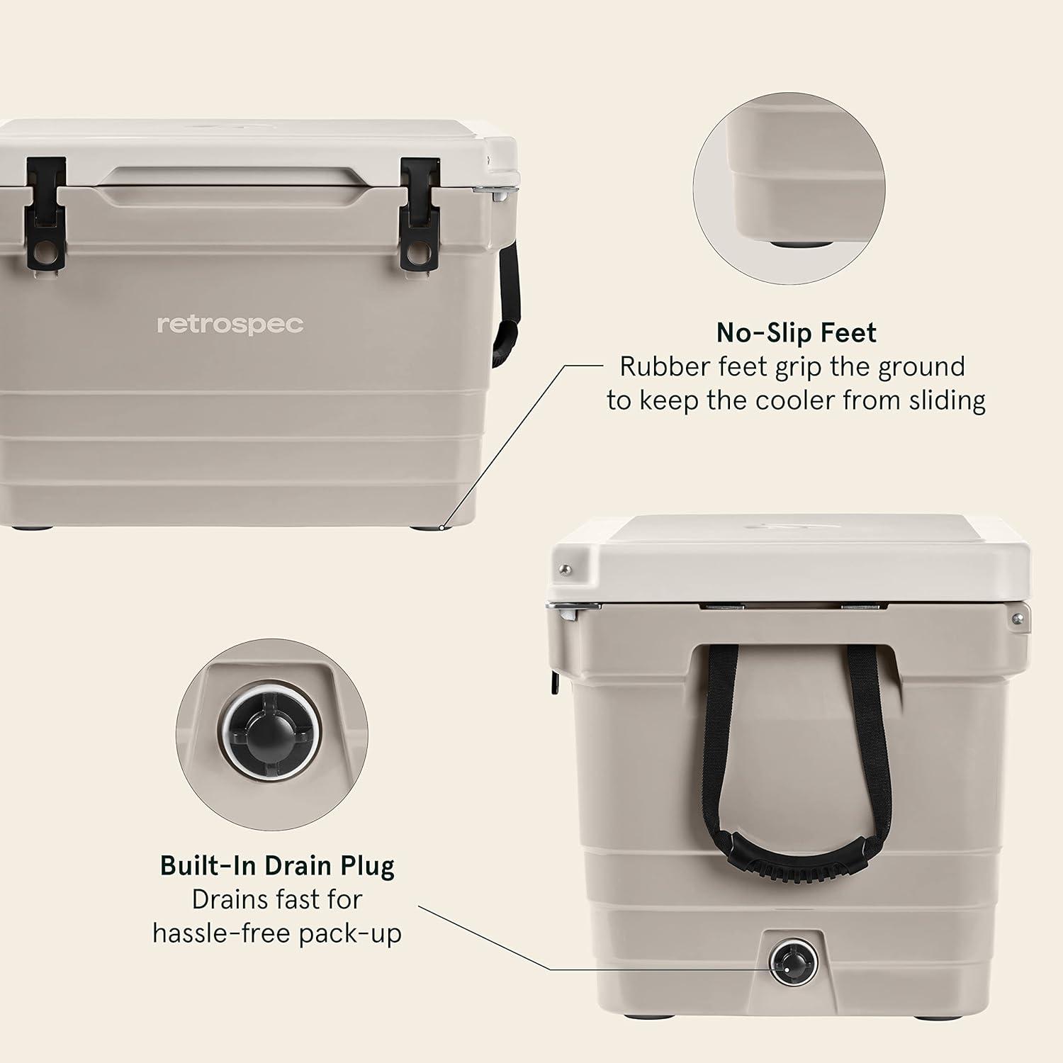 Retrospec Palisade Rotomolded 45 Qt Cooler – Fully Insulated Portable Ice Chest with Built in Bottle Opener, Tie-Down Slots & Dry Goods Basket – Large Beach, Camping & Travel Coolers – Dune