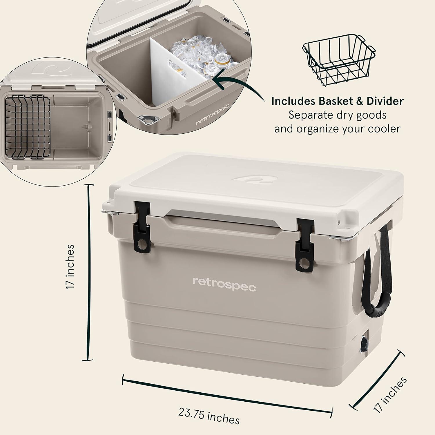 Retrospec Palisade Rotomolded 45 Qt Cooler – Fully Insulated Portable Ice Chest with Built in Bottle Opener, Tie-Down Slots & Dry Goods Basket – Large Beach, Camping & Travel Coolers – Dune