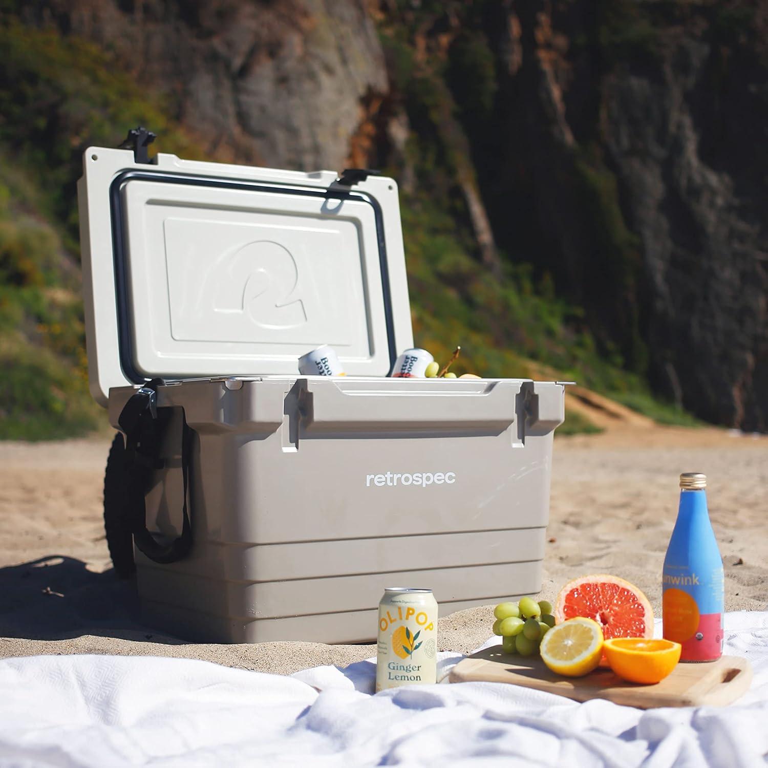 Retrospec Palisade Rotomolded 45 Qt Cooler – Fully Insulated Portable Ice Chest with Built in Bottle Opener, Tie-Down Slots & Dry Goods Basket – Large Beach, Camping & Travel Coolers – Dune