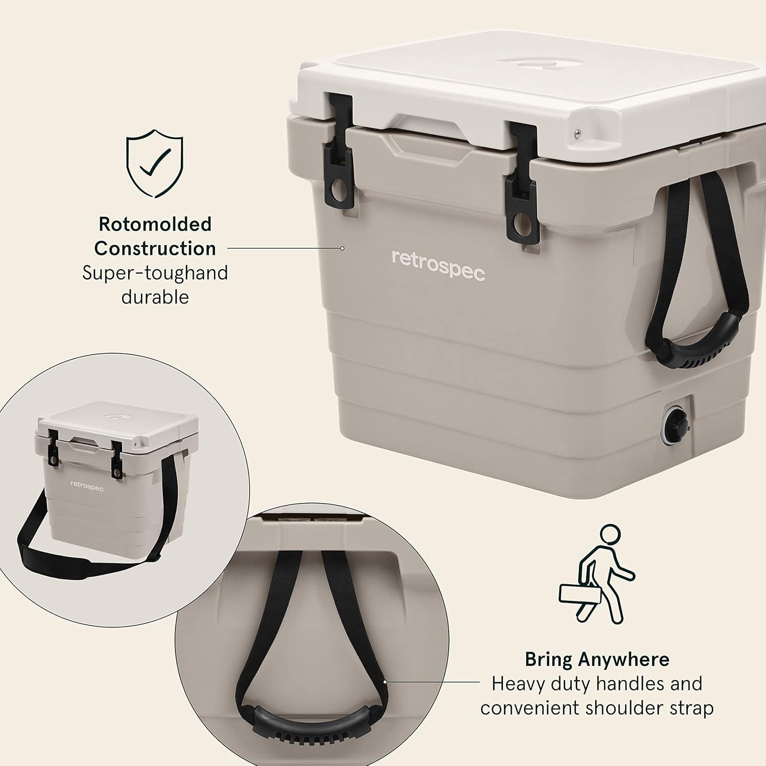 Retrospec Palisade Rotomolded Cooler – Fully Insulated Portable Ice Chest with Built in Bottle Opener, Tie-Down Slots & Dry Goods Basket – Large Beach, Camping & Travel Coolers 25, 45 & 65qt(Dune)