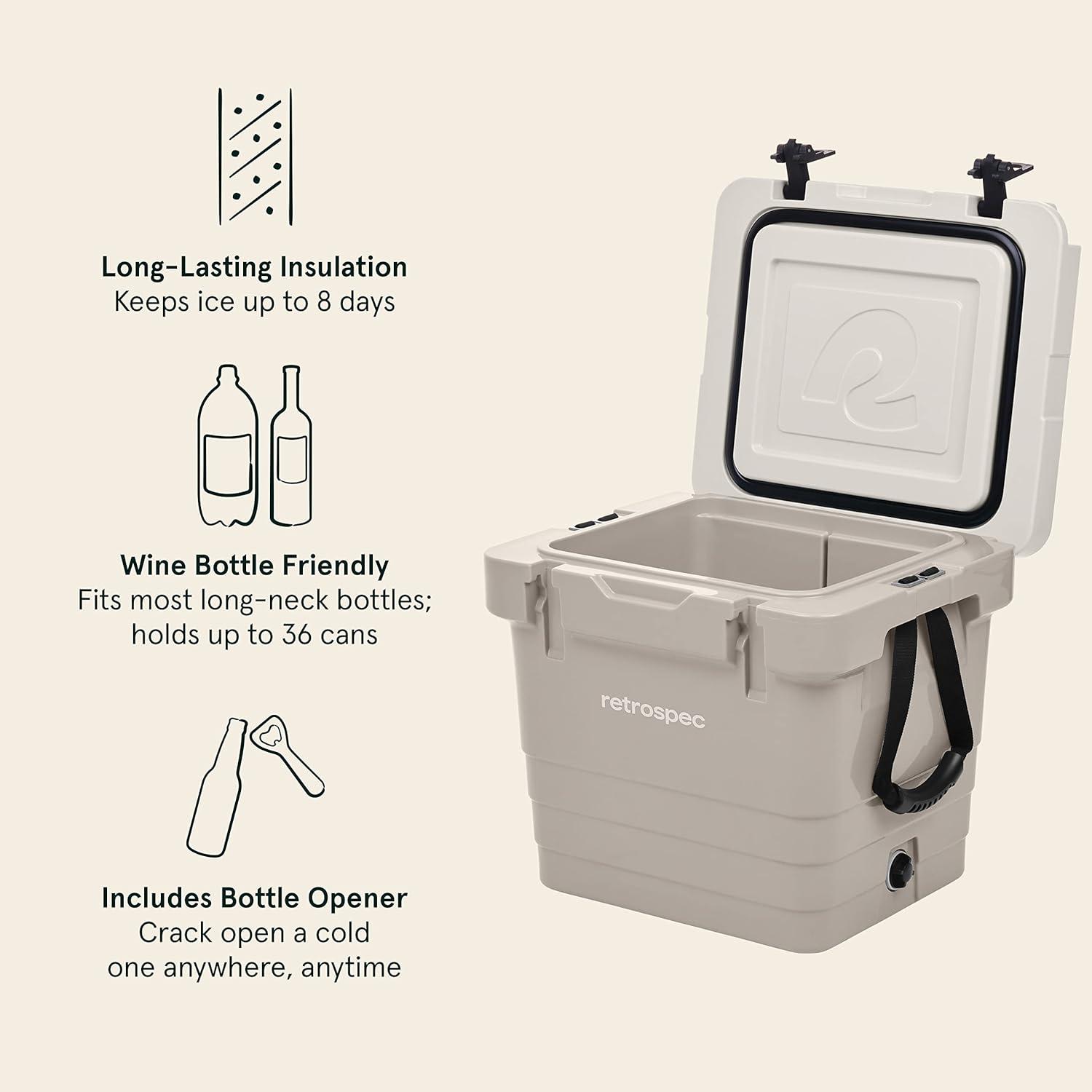 Retrospec Palisade Rotomolded Cooler – Fully Insulated Portable Ice Chest with Built in Bottle Opener, Tie-Down Slots & Dry Goods Basket – Large Beach, Camping & Travel Coolers 25, 45 & 65qt(Dune)