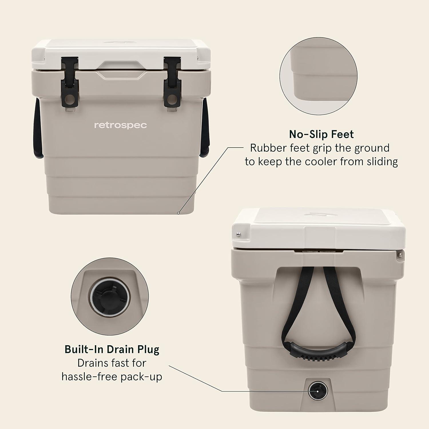 Retrospec Palisade Rotomolded Cooler – Fully Insulated Portable Ice Chest with Built in Bottle Opener, Tie-Down Slots & Dry Goods Basket – Large Beach, Camping & Travel Coolers 25, 45 & 65qt(Dune)