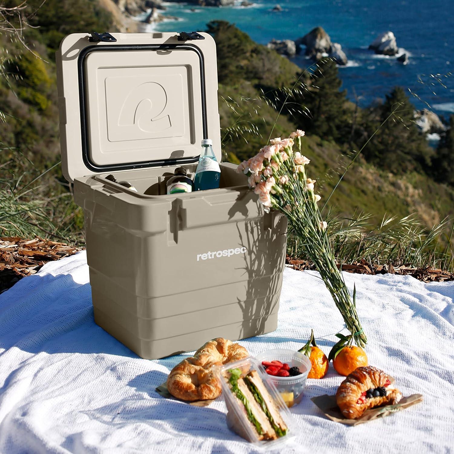 Retrospec Palisade Rotomolded Cooler – Fully Insulated Portable Ice Chest with Built in Bottle Opener, Tie-Down Slots & Dry Goods Basket – Large Beach, Camping & Travel Coolers 25, 45 & 65qt(Dune)