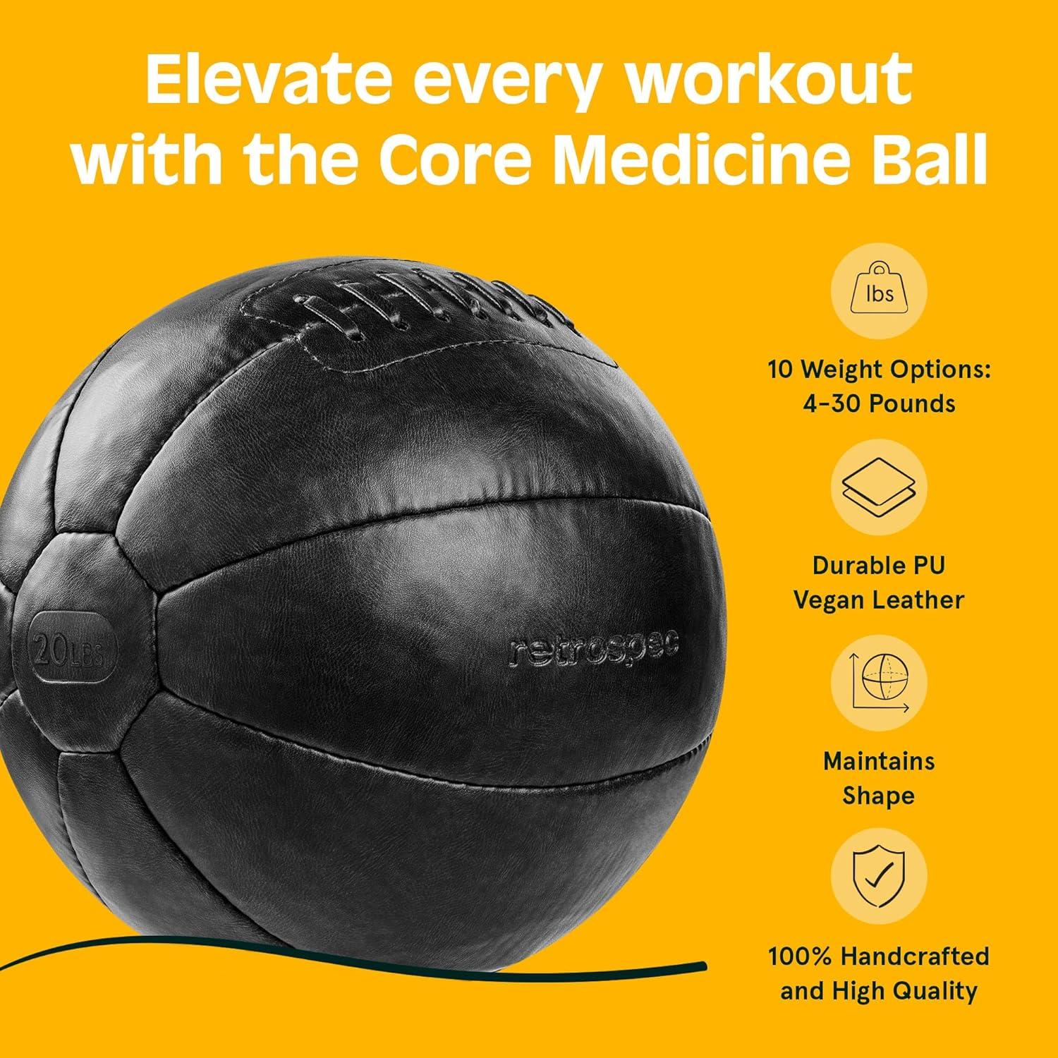 Core Weighted Medicine Ball 4, 6, 8, 10, 12, 14, 16, 20, 25, 30 lbs, Soft Touch Vegan Leather with Sturdy Grip for Strength Training, Recovery, Balance Exercises and Other Full-Body Workouts(Black)