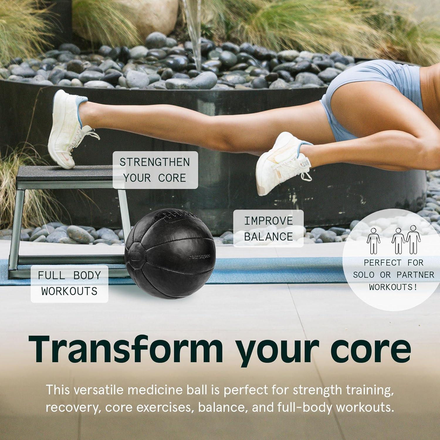 Core Weighted Medicine Ball 4, 6, 8, 10, 12, 14, 16, 20, 25, 30 lbs, Soft Touch Vegan Leather with Sturdy Grip for Strength Training, Recovery, Balance Exercises and Other Full-Body Workouts(Black)