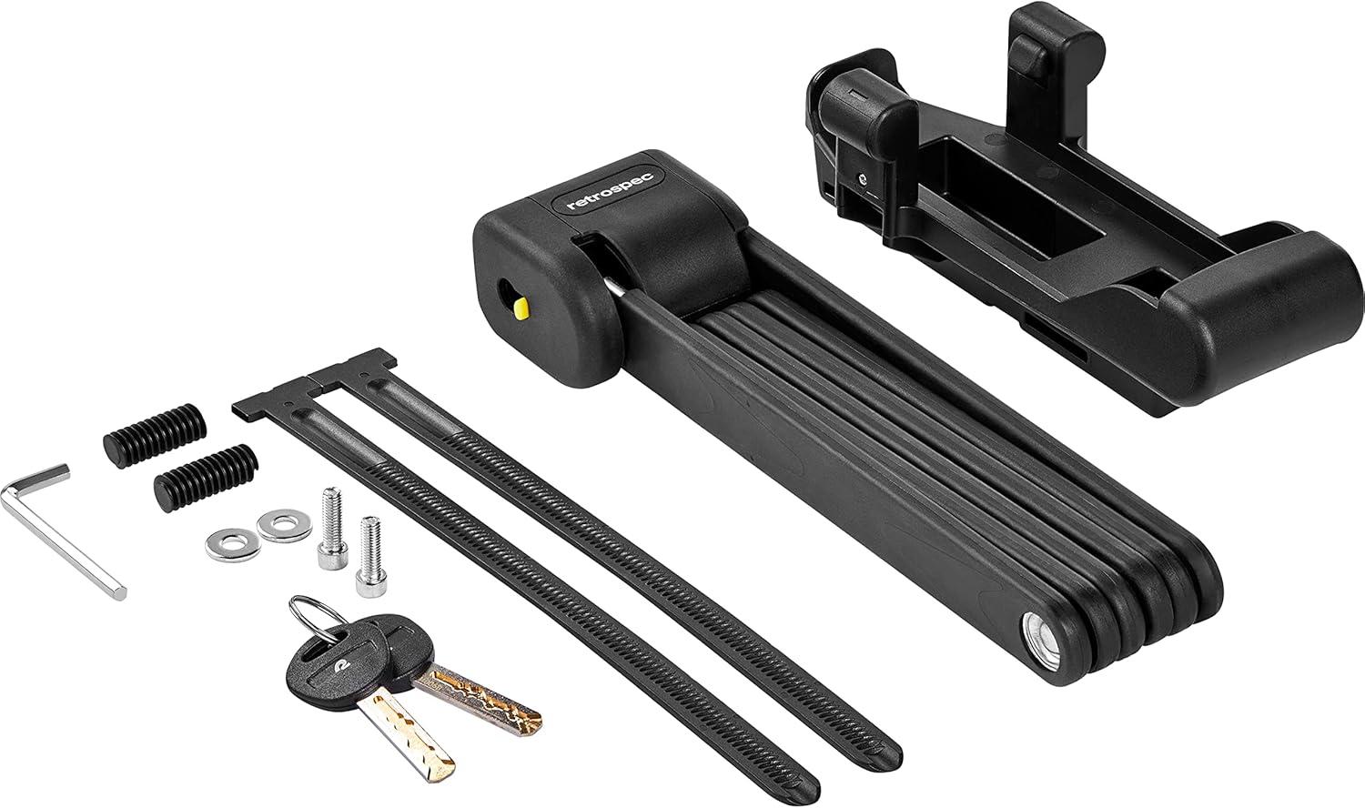 Retrospec Fortitude Folding Bike Lock – Heavy Duty Anti-Theft, 5mm Coated Steel Cut Resistant Bars, Disc Cylinder Pick Resistant Lock with 2 Rust Resistant Keys and Lock Carrier,Matte Black