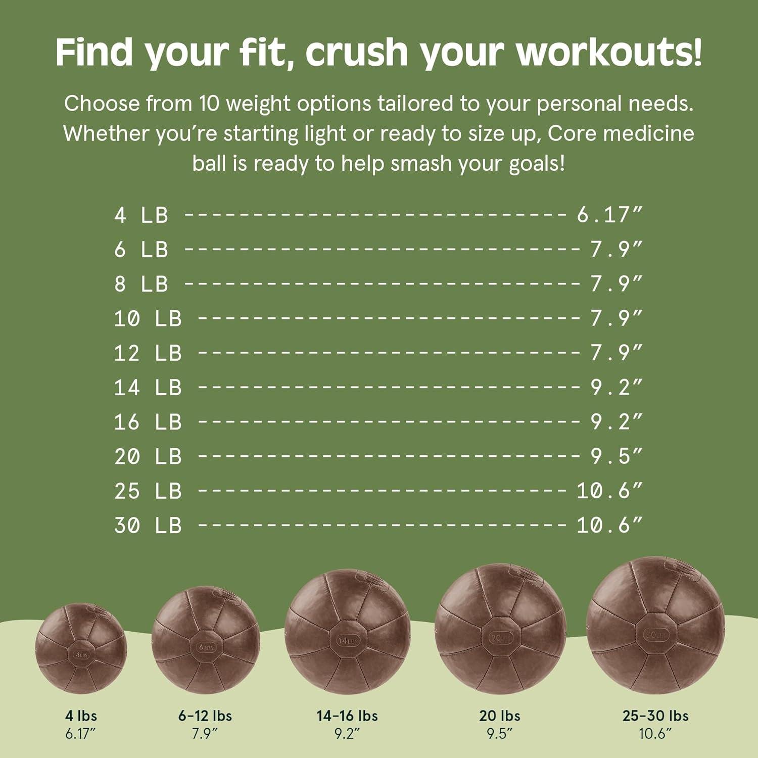 Core Weighted Medicine Ball 4, 6, 8, 10, 12, 14, 16, 20, 25, 30 lbs, Soft Touch Vegan Leather with Sturdy Grip for Strength Training, Recovery, Balance Exercises and Other Full-Body Workouts(Brown)