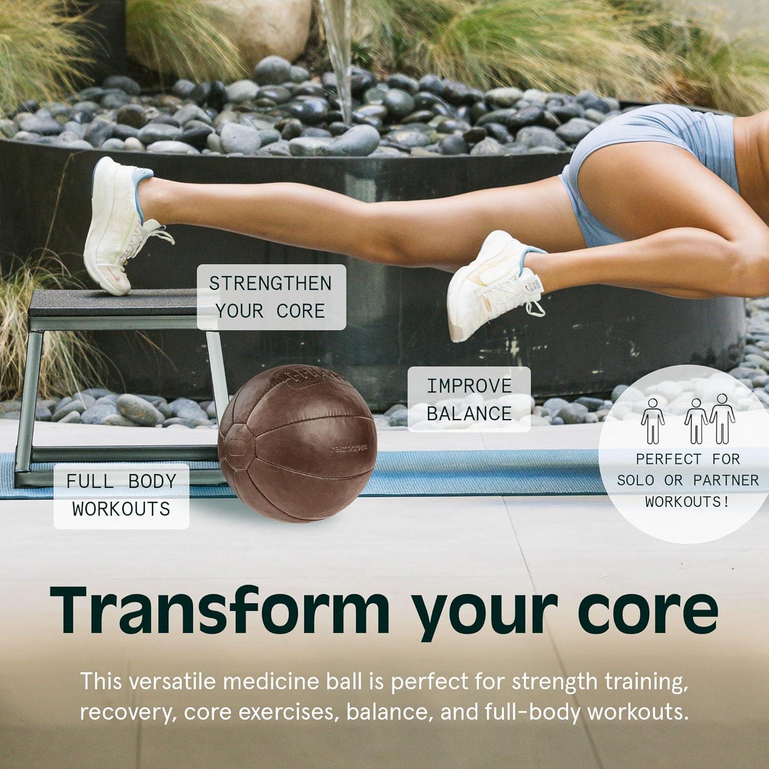 Core Weighted Medicine Ball 4, 6, 8, 10, 12, 14, 16, 20, 25, 30 lbs, Soft Touch Vegan Leather with Sturdy Grip for Strength Training, Recovery, Balance Exercises and Other Full-Body Workouts(Brown)