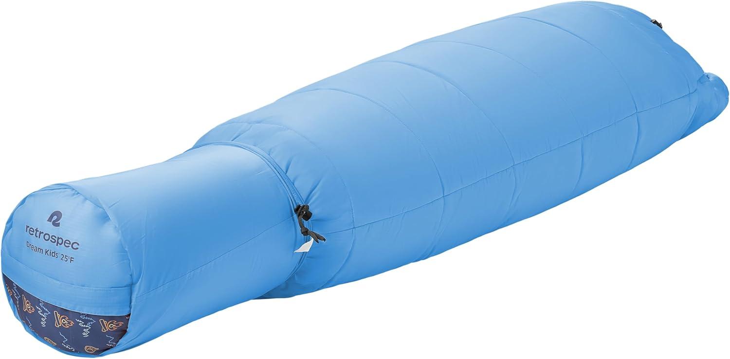 Retrospec Dream 25 Kids Sleeping Bag for Camping – Mummy Style, Water-Resistant, Lightweight 3lbs 3oz, Adjustable Length, Draft Collar, 25°F Rating(Cloud Dreamer)