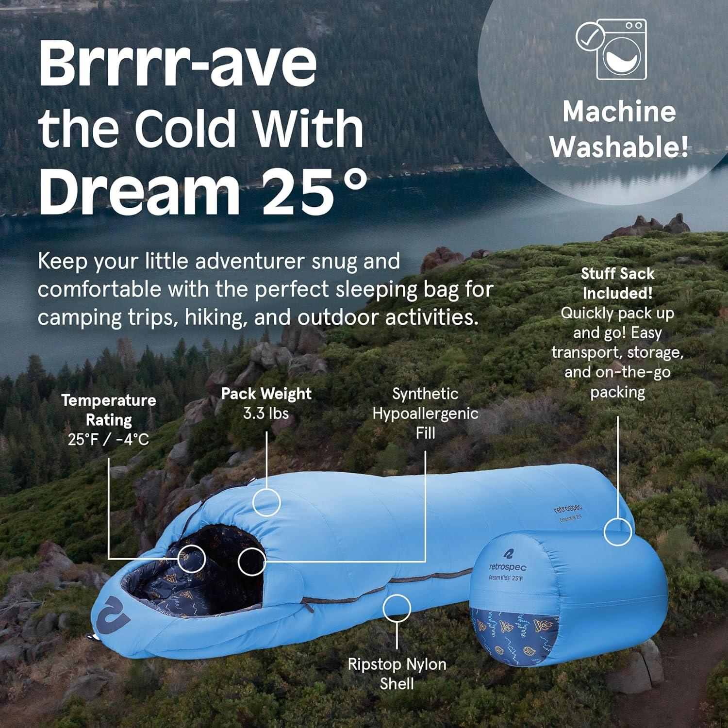 Retrospec Dream 25 Kids Sleeping Bag for Camping – Mummy Style, Water-Resistant, Lightweight 3lbs 3oz, Adjustable Length, Draft Collar, 25°F Rating(Cloud Dreamer)