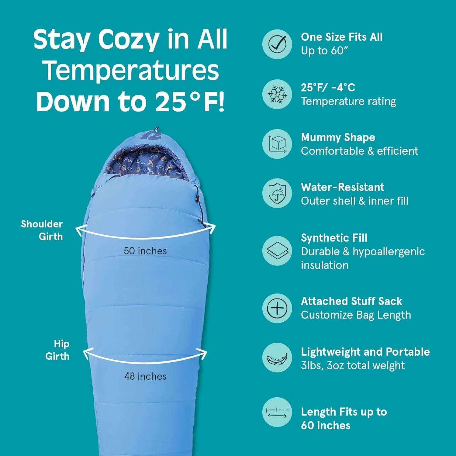 Retrospec Dream 25 Kids Sleeping Bag for Camping – Mummy Style, Water-Resistant, Lightweight 3lbs 3oz, Adjustable Length, Draft Collar, 25°F Rating(Cloud Dreamer)