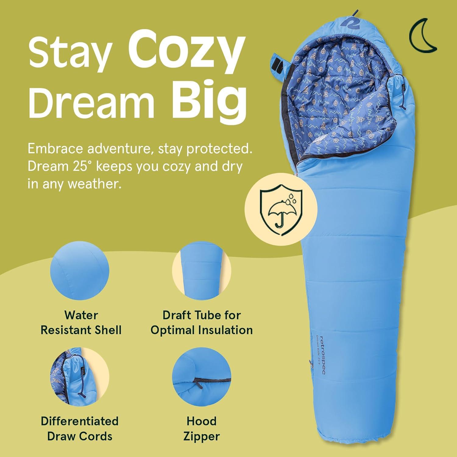 Retrospec Dream 25 Kids Sleeping Bag for Camping – Mummy Style, Water-Resistant, Lightweight 3lbs 3oz, Adjustable Length, Draft Collar, 25°F Rating(Cloud Dreamer)
