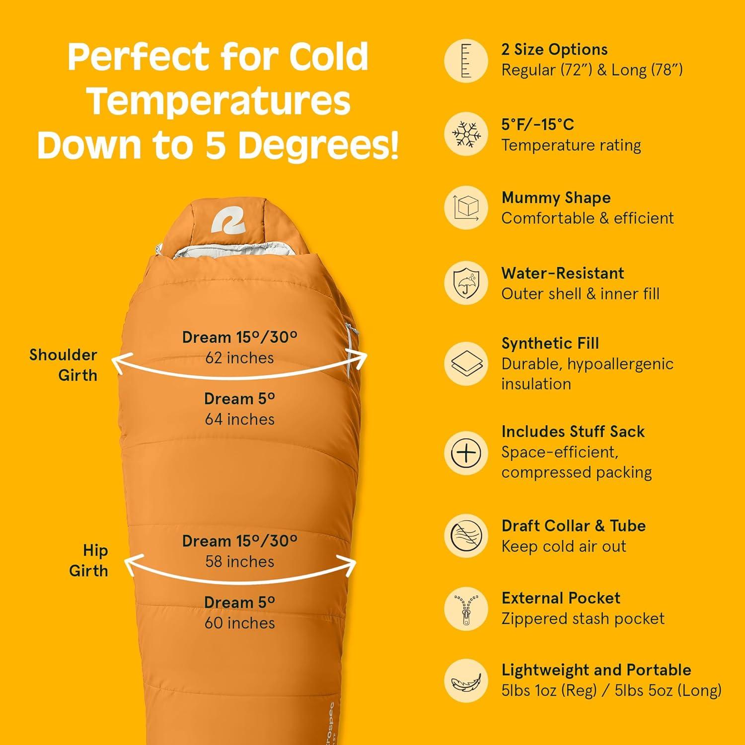 Retrospec Dream Mummy Sleeping Bag – 5, 15, & 30°F Cold Weather Camping & Travel Essential Gear with Water – Resistant Shell & Synthetic Fill – Zippered Pocket & Stuff Sack(Clay)