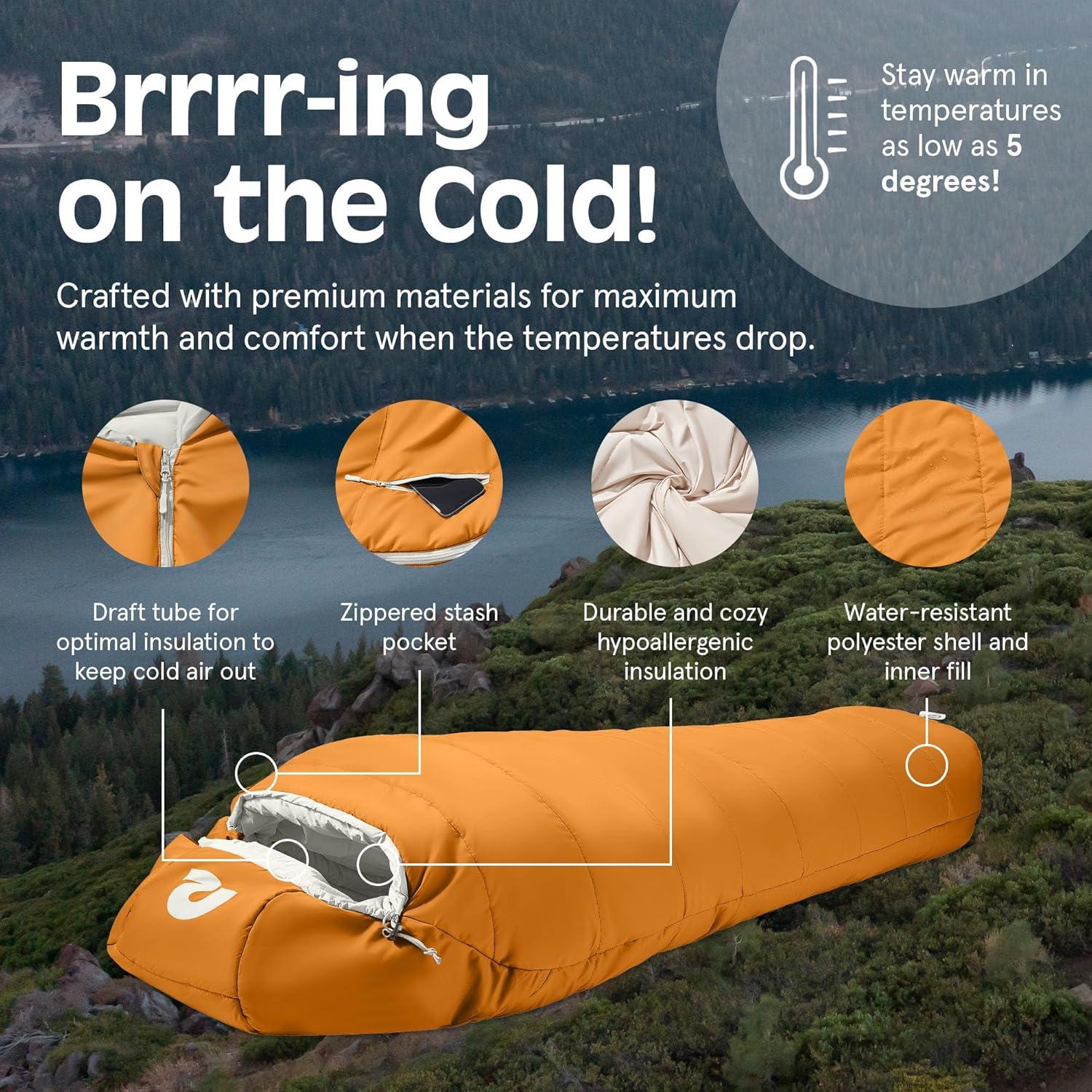 Retrospec Dream Mummy Sleeping Bag – 5, 15, & 30°F Cold Weather Camping & Travel Essential Gear with Water – Resistant Shell & Synthetic Fill – Zippered Pocket & Stuff Sack(Clay)
