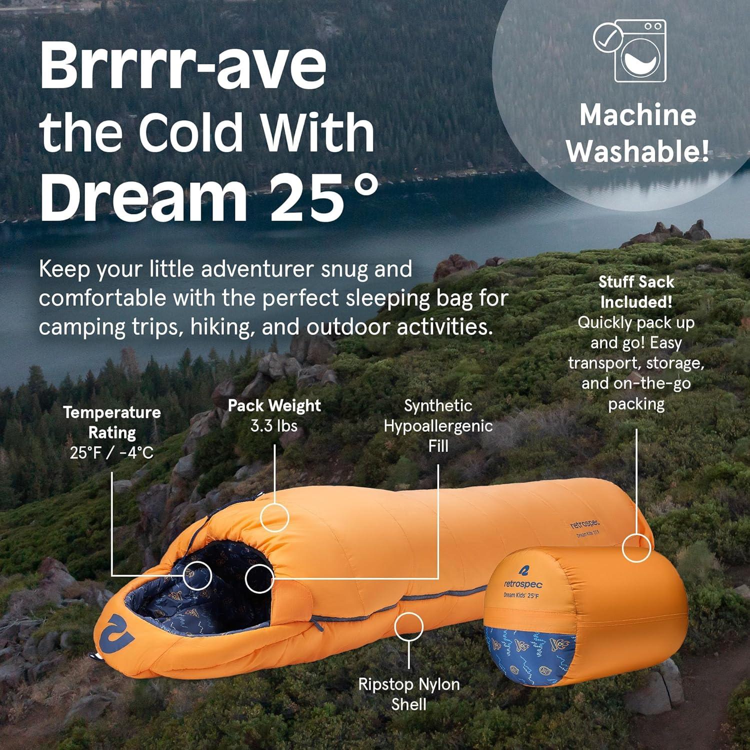 Retrospec Dream 25 Kids Sleeping Bag for Camping – Mummy Style, Water-Resistant, Lightweight 3lbs 3oz, Adjustable Length, Draft Collar, 25°F Rating(Day Dreamer)