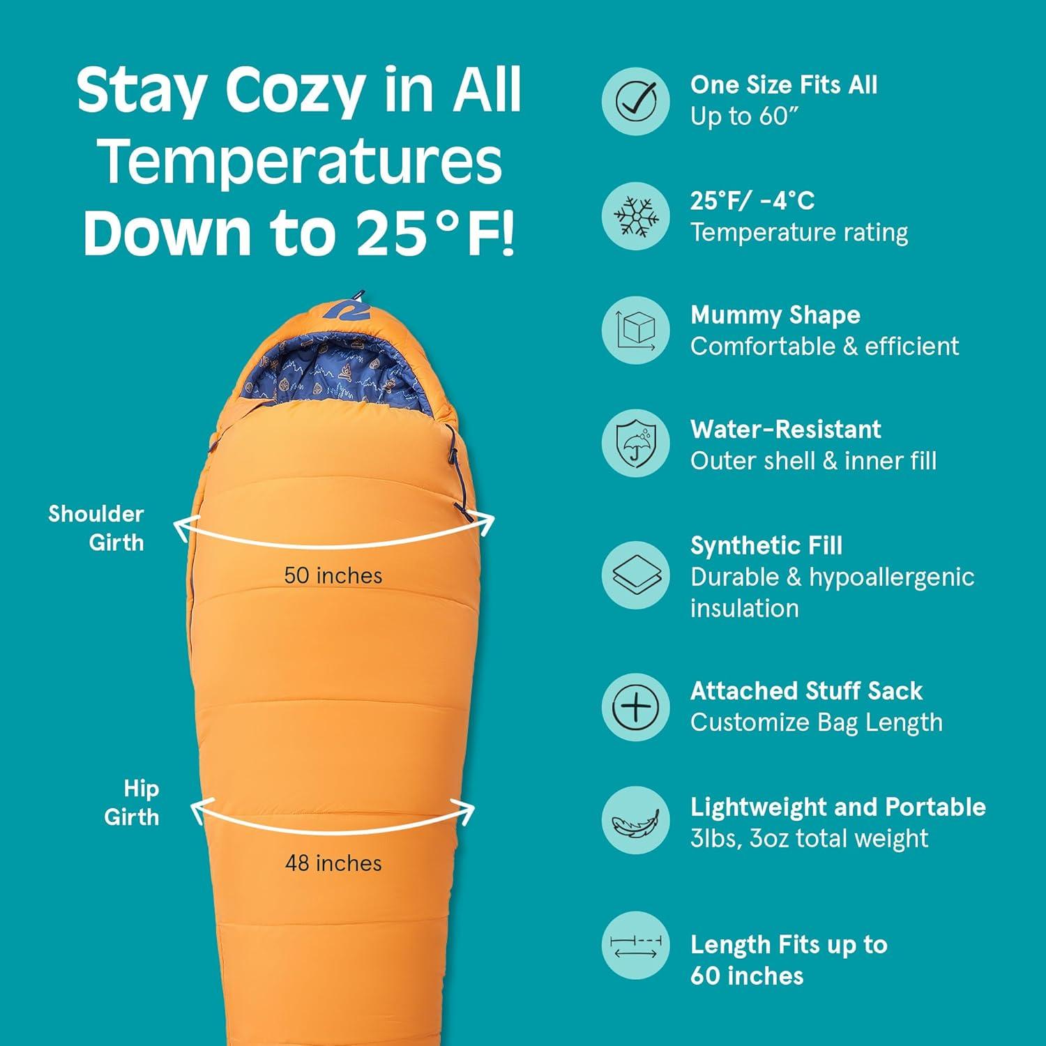 Retrospec Dream 25 Kids Sleeping Bag for Camping – Mummy Style, Water-Resistant, Lightweight 3lbs 3oz, Adjustable Length, Draft Collar, 25°F Rating(Day Dreamer)