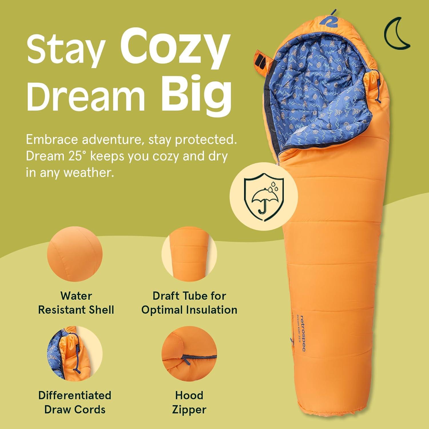 Retrospec Dream 25 Kids Sleeping Bag for Camping – Mummy Style, Water-Resistant, Lightweight 3lbs 3oz, Adjustable Length, Draft Collar, 25°F Rating(Day Dreamer)