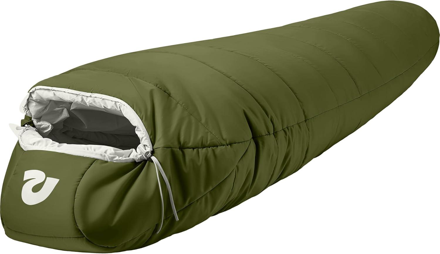 Retrospec Dream Mummy Sleeping Bag – 5, 15, & 30°F Cold Weather Camping & Travel Essential Gear with Water – Resistant Shell & Synthetic Fill – Zippered Pocket & Stuff Sack(Juniper)