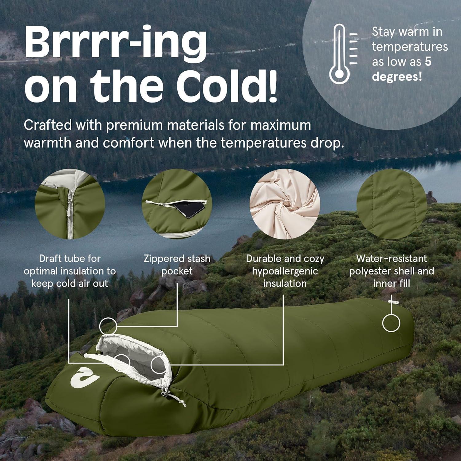 Retrospec Dream Mummy Sleeping Bag – 5, 15, & 30°F Cold Weather Camping & Travel Essential Gear with Water – Resistant Shell & Synthetic Fill – Zippered Pocket & Stuff Sack(Juniper)