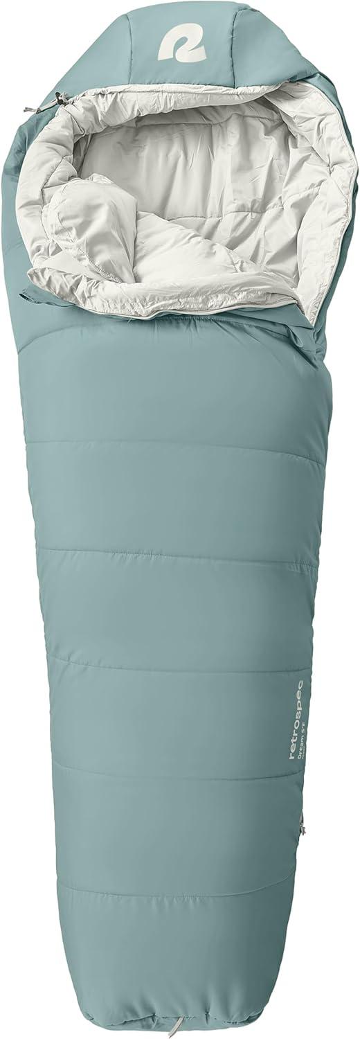 Retrospec Dream Mummy Sleeping Bag – 5, 15, & 30°F Cold Weather Camping & Travel Essential Gear with Water – Resistant Shell & Synthetic Fill – Zippered Pocket & Stuff Sack(Sprucestone)