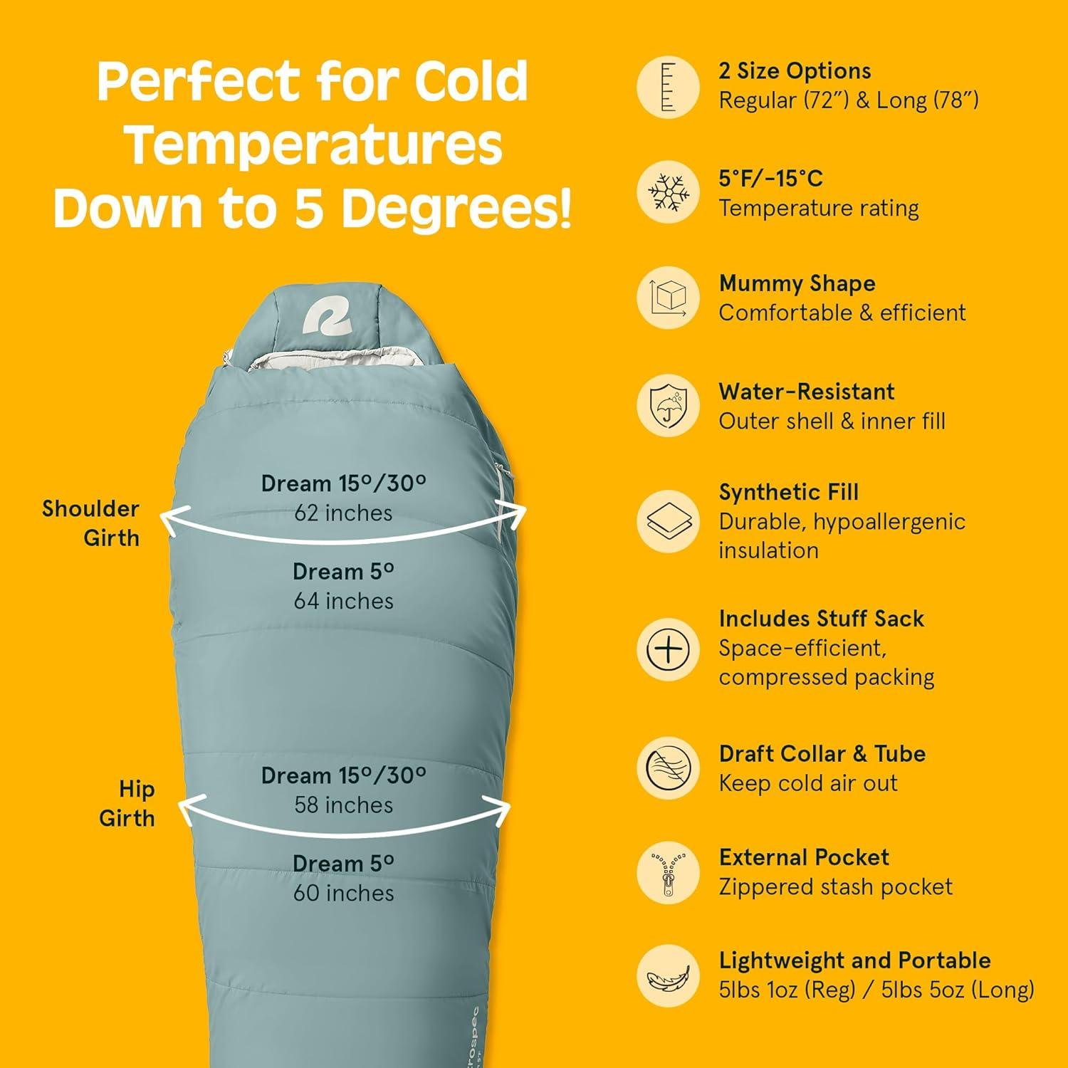 Retrospec Dream Mummy Sleeping Bag – 5, 15, & 30°F Cold Weather Camping & Travel Essential Gear with Water – Resistant Shell & Synthetic Fill – Zippered Pocket & Stuff Sack(Sprucestone)