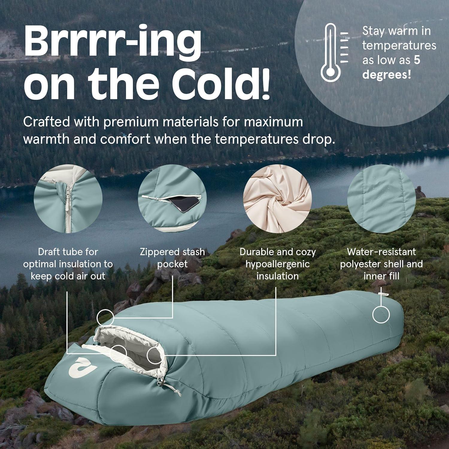 Retrospec Dream Mummy Sleeping Bag – 5, 15, & 30°F Cold Weather Camping & Travel Essential Gear with Water – Resistant Shell & Synthetic Fill – Zippered Pocket & Stuff Sack(Sprucestone)