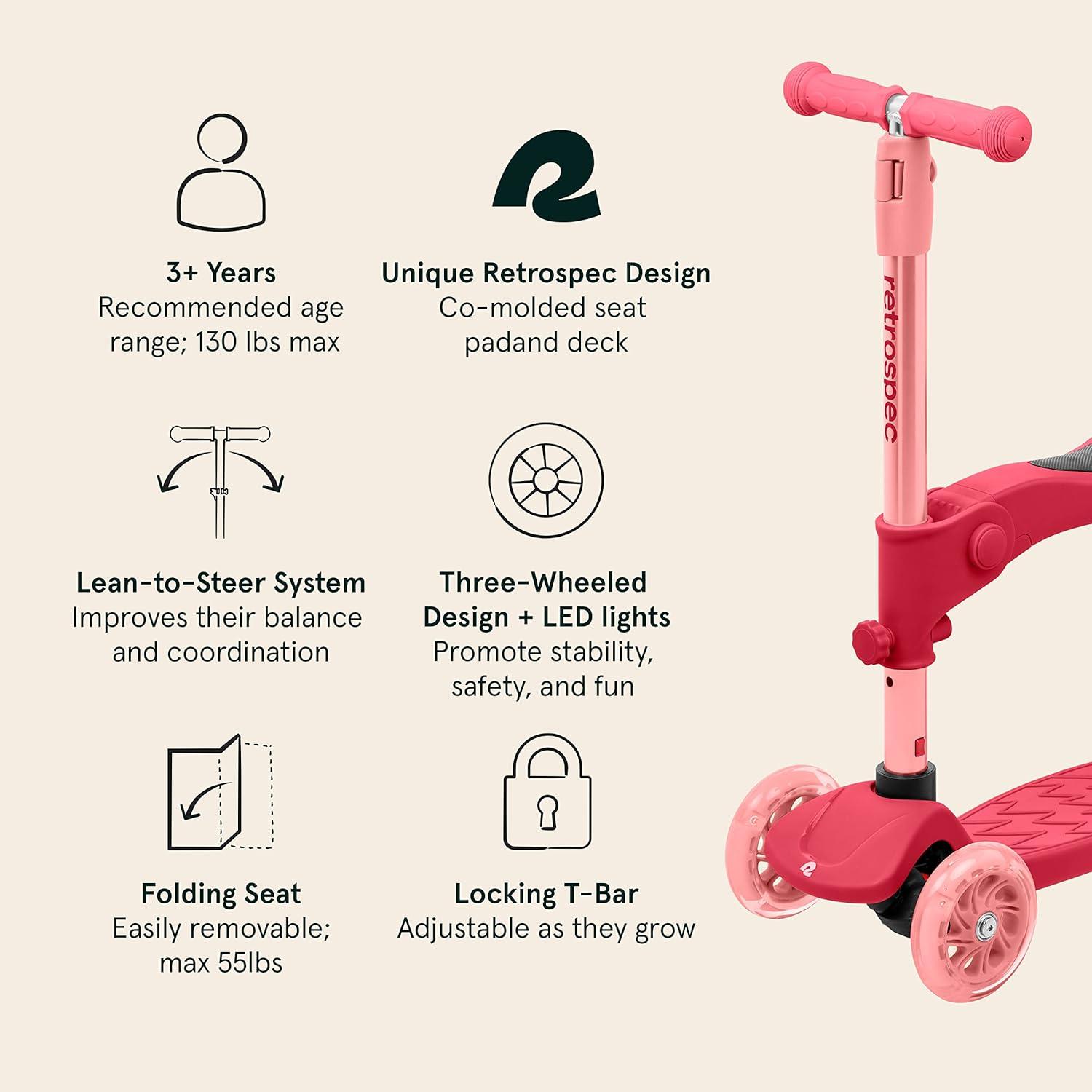Retrospec Chipmunk Plus Kids’ Kick Scooter 3+ Years – Height Adjustable 3 Wheel Scooters – Learn to Steer, Foldable Seat, LED Lights, & No-Slip Deck(Bubblegum)